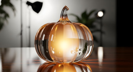A glowing amber glass pumpkin sits on a reflective surface, casting warm light and creating a festive autumn ambiance.の素材