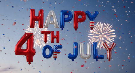 Red, white, and blue balloons spell out Happy Fourth of July, with fireworks and confetti in the background.の素材