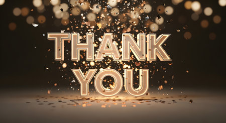 Golden 3D letters spell out "THANK YOU" amidst a shower of sparkling confetti and soft, blurred bokeh lights.の素材