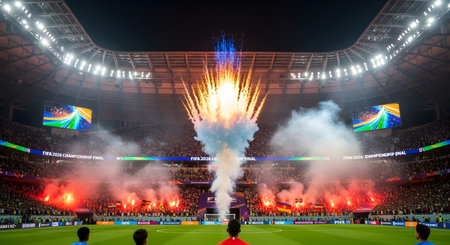 A vibrant display of fireworks and red flares illuminates a crowded soccer stadium, creating an electrifying atmosphere for fans.の素材