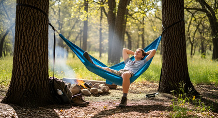 A man rests in a blue hammock strung between two trees. A campfire burns nearby, casting smoke into the sun-dappled woods.の素材
