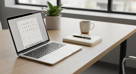 A clean and organized home office desk featuring a laptop, notebook, pen, and a mug of coffee, bathed in natural light.の素材