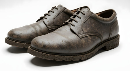Two brown leather oxford shoes with a textured finish and black laces are displayed against a clean white background.の素材
