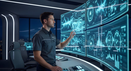 A man in a dark shirt gestures towards a large, curved wall of glowing blue holographic screens displaying complex data and charts.の素材