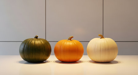 Three decorative pumpkins in green, orange, and white are arranged in a row on a smooth surface against a neutral background.の素材