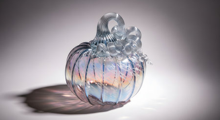 A translucent, iridescent glass sculpture with intricate details sits casting a long shadow on a plain background.の素材