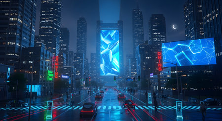 A vibrant, futuristic city at night, illuminated by glowing neon signs and towering skyscrapers reflecting in wet streets.の素材