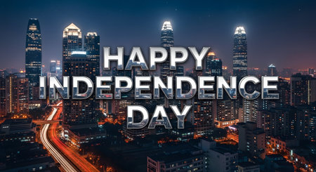 A vibrant city skyline at night, illuminated by countless lights, displays the message Happy Independence Day.の素材