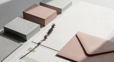 A clean, minimalist composition featuring geometric cubes and a delicate dried plant sprig on a white surface.の素材