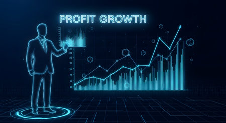 A digital silhouette of a businessman interacts with a glowing holographic display showing financial data and upward profit trends.の素材