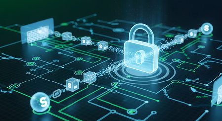 A glowing digital padlock symbolizes cybersecurity and data protection, set against a backdrop of circuit board pathways and abstract data elements.の素材