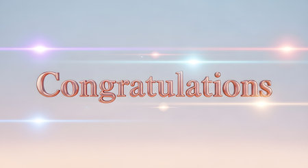 The word Congratulations in a metallic rose gold font floats against a pastel gradient sky with bright lens flares.の素材