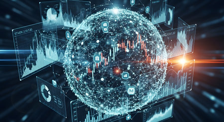 A complex, glowing digital sphere is surrounded by abstract geometric shapes and data visualizations, suggesting advanced technology and information flow.の素材