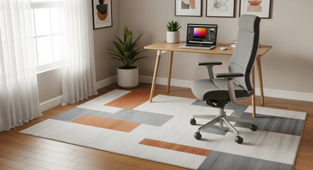 A bright home office featuring a stylish desk, ergonomic chair, and a colorful geometric rug. Natural light streams in from a large window.の素材