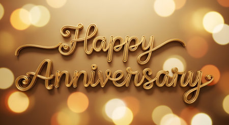Golden balloon letters spell "Happy Anniversary" against a blurred background of warm, glowing bokeh lights, creating a festive and celebratory mood.の素材