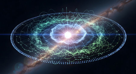 A luminous, intricate sphere of light and energy floats in the darkness, surrounded by faint nebulae and lens flares.の素材