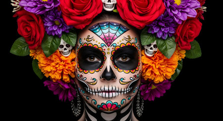 A striking close-up of a woman's face adorned with detailed sugar skull makeup and a vibrant floral headdress, evoking Dia de los Muertos.の素材