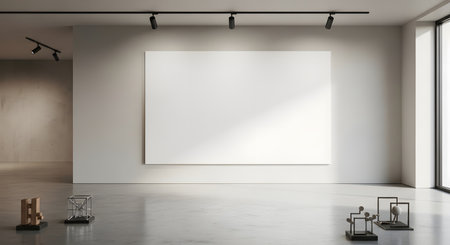 An empty, minimalist art gallery space featuring a large blank canvas, track lighting, and a bright window. Several art pieces are displayed on pedestals.の素材