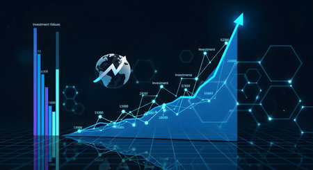 A glowing blue line graph dramatically ascends against a dark, abstract digital background with hexagonal patterns and data elements.の素材