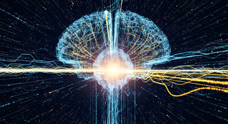 A luminous, abstract representation of a human brain with glowing neural pathways and energetic light streams emanating outwards.の素材