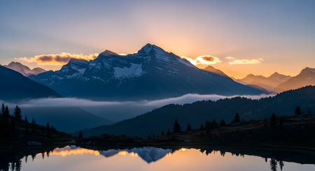 A breathtaking sunrise illuminates jagged mountain peaks, casting a warm glow over misty valleys and a tranquil lake reflecting the dramatic sky.の素材