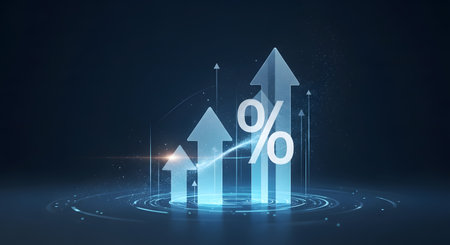 A futuristic digital representation of financial growth with illuminated upward arrows and percentage symbols on a dark background.の素材