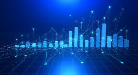A futuristic blue digital landscape featuring an upward trending bar graph with interconnected nodes and glowing particles, representing data growth and networks.の素材