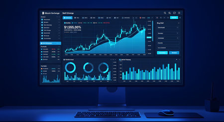 A computer monitor displays a complex dashboard with financial charts, graphs, and data visualizations in a dark, blue-lit environment.の素材