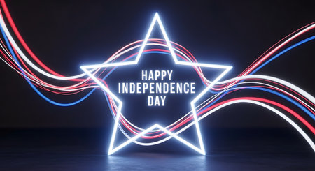 A glowing neon star with the words Happy Independence Day inside, surrounded by dynamic red, white, and blue light streaks on a dark background.の素材