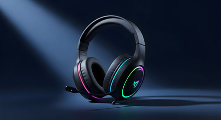 A sleek pair of black gaming headphones with a microphone, illuminated by colorful RGB lights against a dark blue background.の素材