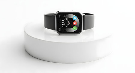 A sleek black smartwatch with a vibrant, colorful watch face is showcased on a minimalist white display stand against a clean white background.の素材