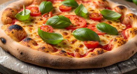 A close-up shot of a freshly baked Margherita pizza, featuring bubbly cheese, vibrant basil leaves, and juicy tomato slices.の素材