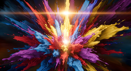 A dynamic explosion of multicolored paint or powder erupts outwards from a bright central light source against a dark background.の素材