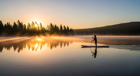 A solitary figure on a paddleboard glides across a calm lake as the sun rises, casting golden light through morning mist.の素材