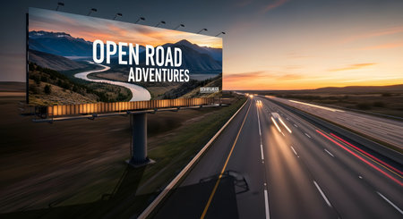 A large billboard advertising 'Open Road Adventures' stands beside a highway as the sun sets, casting warm light on the landscape.の素材