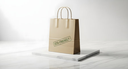 A plain brown paper gift bag with twisted rope handles stands upright on a white surface, featuring a subtle logo on its front.の素材