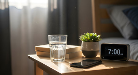 A bedside table displays an alarm clock showing 7:00, a glass of water, a small potted plant, and a smartphone.の素材