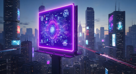 A vibrant neon billboard showcasing a glowing circuit board stands tall amidst a futuristic, neon-lit city at dusk.の素材
