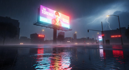 A vibrant neon billboard shines brightly on a wet city street at night, reflecting in puddles under a cloudy sky.の素材
