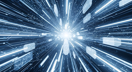 A dazzling abstract visual of a futuristic tunnel with bright blue light streaks and geometric shapes emanating from a central bright point.の素材