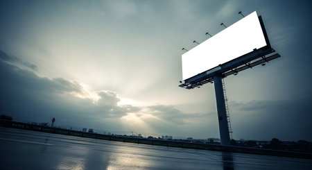 A large, empty billboard stands tall against a dramatic, cloudy sky. The ground below is wet and reflective, suggesting recent rain.の素材