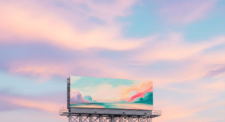 A billboard structure is silhouetted against a vibrant, pastel-colored sky filled with soft, wispy clouds.の素材