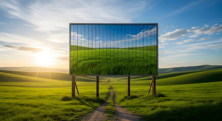 A large, modern billboard stands in a rolling green field, perfectly mirroring the surrounding landscape and a dramatic sunset sky.の素材