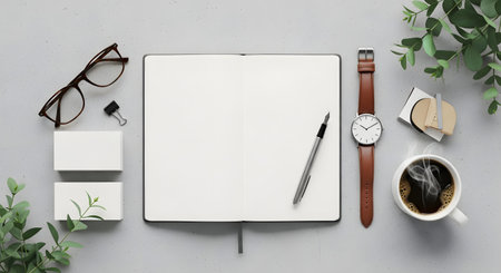 A top-down view of a workspace with a blank notebook, coffee cup, watch, glasses, and plants.の素材