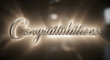 A shimmering, elegant "Congratulations" text rendered in a metallic, glowing font, surrounded by radiant golden light.の素材