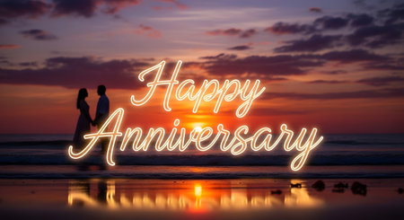 A couple walks on a beach at sunset, illuminated by a glowing neon 'Happy Anniversary' sign reflecting on the wet sand.の素材