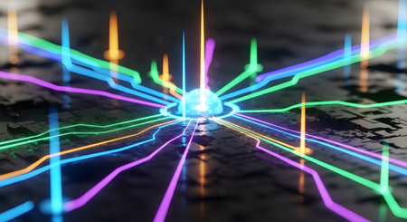 Abstract digital art featuring a bright, central orb with colorful neon lines emanating outwards, creating a futuristic, energetic display.の素材