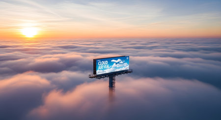 A digital billboard stands in the sky, emerging from a sea of clouds during a vibrant sunrise.の素材