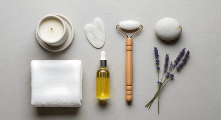 A flat lay of spa essentials including a jade roller, gua sha, serum, candle, towel, and lavender for a relaxing self-care routine.の素材