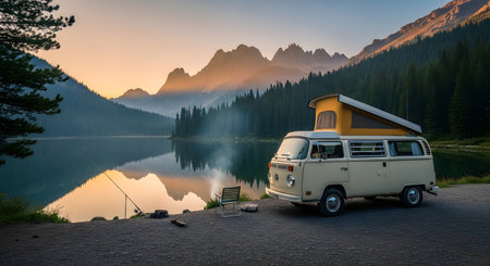 A classic camper van is parked by a tranquil lake reflecting majestic mountains during a beautiful sunrise.の素材